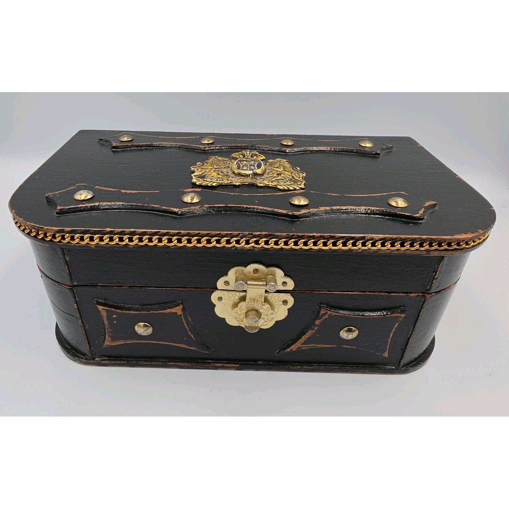 Vintage Ornate Black And Gold Wooden Box Lions  AND Crest Red Velvet Jewelry Box